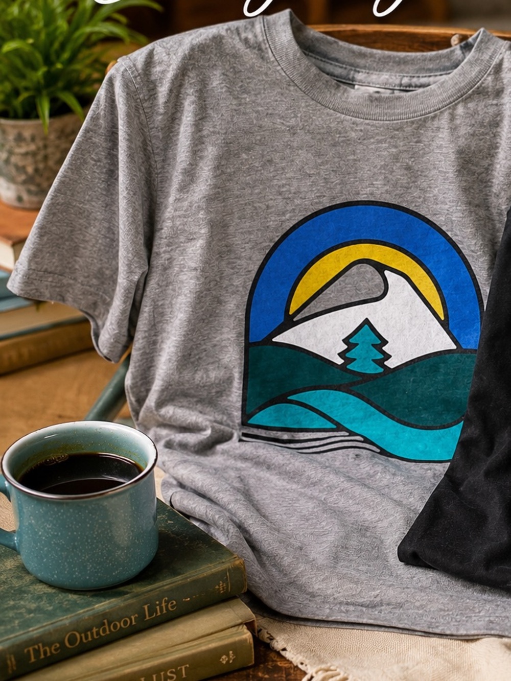 Wohven T-Shirt Large Graphic Mountain Tee Black Gray Essential